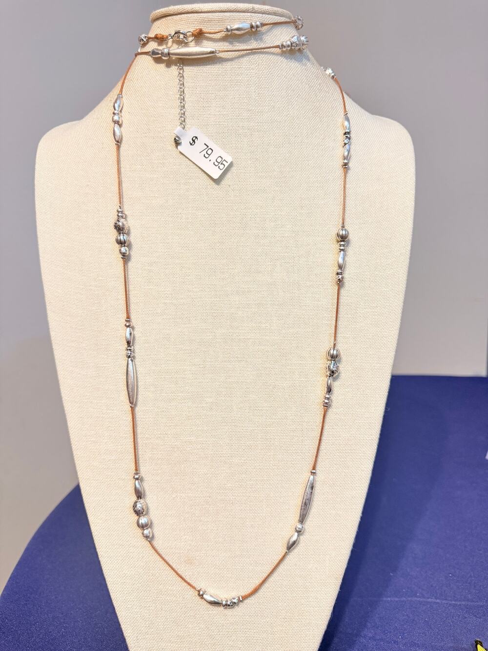 Vintage NOS 60” Silver Tone Bead Cord Necklace